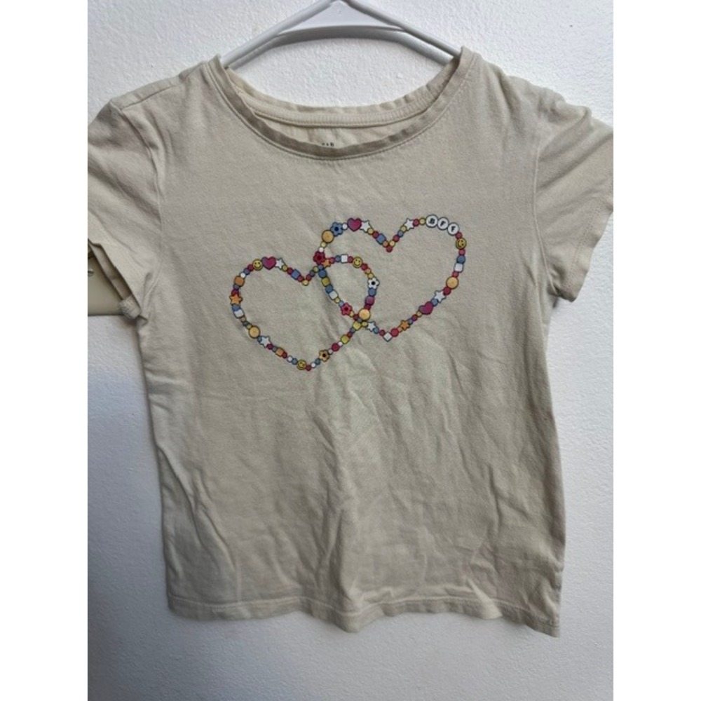 Gap Kids Girls Tan Double Heart BFF Graphic Tee Shirt Size M 8 Short Sleeve (G)